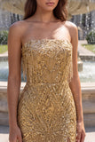 Gold Sparkly Sequins Fringed Beaded Strapless Long Prom Dress with Slit