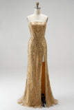 Gold Sparkly Sequins Fringed Beaded Strapless Long Prom Dress with Slit