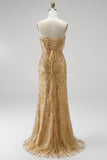 Gold Sparkly Sequins Fringed Beaded Strapless Long Prom Dress with Slit