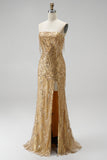 Gold Sparkly Sequins Fringed Beaded Strapless Long Prom Dress with Slit