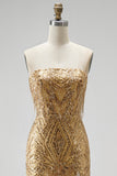 Gold Sparkly Sequins Fringed Beaded Strapless Long Prom Dress with Slit