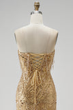Gold Sparkly Sequins Fringed Beaded Strapless Long Prom Dress with Slit