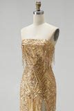 Gold Sparkly Sequins Fringed Beaded Strapless Long Prom Dress with Slit