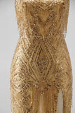 Gold Sparkly Sequins Fringed Beaded Strapless Long Prom Dress with Slit