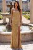 Gold Sparkly Sequins Fringed Beaded Strapless Long Prom Dress with Slit