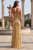 Gold Sparkly Sequins Fringed Beaded Strapless Long Prom Dress with Slit