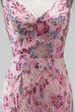 Pink Floral Sparkly Seqins Beaded Long Mermaid Prom Dress