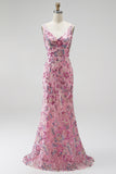 Pink Floral Sparkly Seqins Beaded Long Mermaid Prom Dress