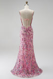 Pink Floral Sparkly Seqins Beaded Long Mermaid Prom Dress