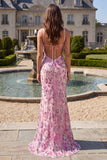 Pink Floral Sparkly Seqins Beaded Long Mermaid Prom Dress