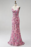 Pink Floral Sparkly Seqins Beaded Long Mermaid Prom Dress