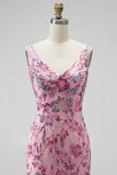 Pink Floral Sparkly Seqins Beaded Long Mermaid Prom Dress