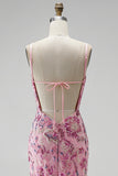 Pink Floral Sparkly Seqins Beaded Long Mermaid Prom Dress
