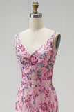 Pink Floral Sparkly Seqins Beaded Long Mermaid Prom Dress