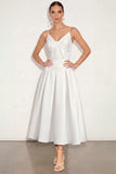 White Spaghetti Straps A Line Simple Long Engagement Dress with Bow