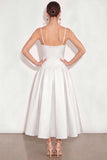 White Spaghetti Straps A Line Simple Long Engagement Dress with Bow