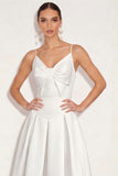 White Spaghetti Straps A Line Simple Long Engagement Dress with Bow