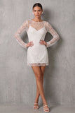Sparkly Sequin Bodycon Illusion Boat Neck Little White Dress