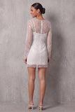 Sparkly Sequin Bodycon Illusion Boat Neck Little White Dress