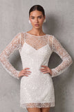 Sparkly Sequin Bodycon Illusion Boat Neck Little White Dress