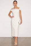 One Shoulder White Ruched Sheath Long Work Dress with Back Slit