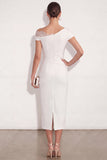 One Shoulder White Ruched Sheath Long Work Dress with Back Slit