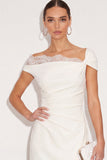 One Shoulder White Ruched Sheath Long Work Dress with Back Slit