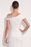 One Shoulder White Ruched Sheath Long Work Dress with Back Slit