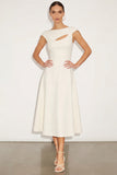 White Boat Neck A Line Simple Long Engagement Dress