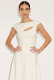 White Boat Neck A Line Simple Long Engagement Dress