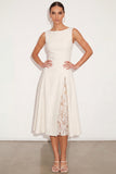 White A Line Boat Neck Midi Engagement Dress with Lace