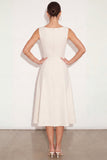 White A Line Boat Neck Midi Engagement Dress with Lace