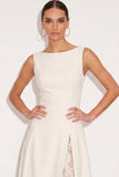White A Line Boat Neck Midi Engagement Dress with Lace