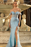 Sparkly Blue Mermaid Off the Shoulder Maxi Corset Prom Dress with Slit