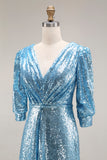 Sparkly Champagne Sequins Half Sleeves Long Formal Dress with Slit