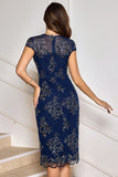 Navy Tea Length Applique Sheath Mother of the Bride Dress with Wrap
