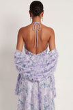 Light Purple Floral Halter Neck A Line Long Wedding Guest Dress with Cape