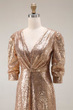 Sparkly Champagne Sequins Half Sleeves Long Formal Dress with Slit