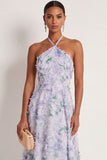 Light Purple Floral Halter Neck A Line Long Wedding Guest Dress with Cape