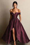 Black A Line Off the Shoulder Satin Maxi Formal Dress with Slit