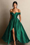 Black A Line Off the Shoulder Satin Maxi Formal Dress with Slit