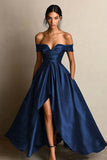 Black A Line Off the Shoulder Satin Maxi Formal Dress with Slit
