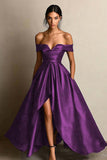 Black A Line Off the Shoulder Satin Maxi Formal Dress with Slit