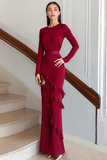 Burgundy Sheath Long Sleeves Evening Dress with Ruffles