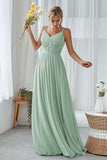 Mint Green A Line V Neck Long Pleated Bridesmaid Dress