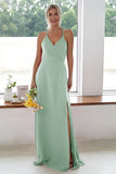 Burgundy A Line Long Bridesmaid Dress With Slit