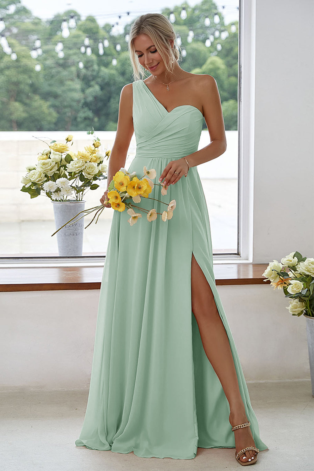 Leely Women Peach Long Bridesmaid Dress One Shoulder Chiffon Formal Dress With Side Slit leelyuk Leely Women Peach Long Bridesmaid Dress One Shoulder Chiffon Formal Dress With Side Slit leelyuk
