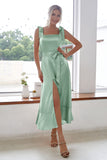 Champagne Square Neck Short Bridesmaid Dress With Slit