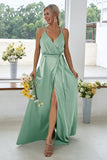 Dark Green Backless V-Neck Long Bridesmaid Dress With Side Slit