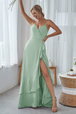 Slate Blue A Line Ruffles Long Bridesmaid Dress With Split